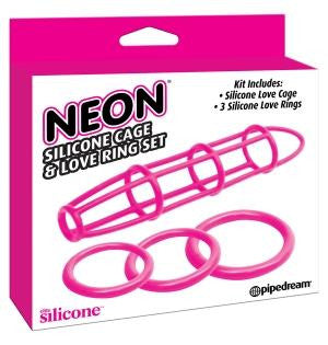 Neon Silicone Cage & Love Ring Set Pink