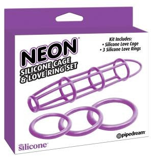 Neon Silicone Cage & Love Ring Set Purple