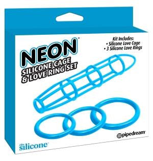 Neon Silicone Cage & Love Ring Set Blue